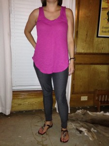 7.29 - pink tank and gray pant (cross between leggings and sweat pants) and silver and brown sandals