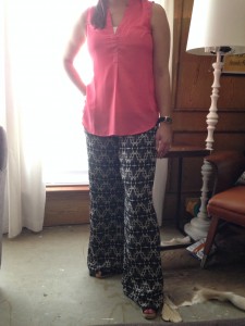 8.3 - Black and cream patterned pants, pink sleeveless shirt, black Toms wedges - my pants need to be hemmed