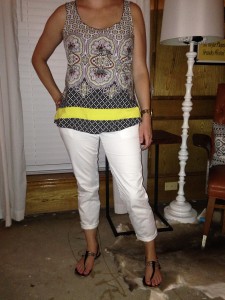 8.4 - A day of professional development in white cuffed pants, patterned sleeveless top, and black sandals