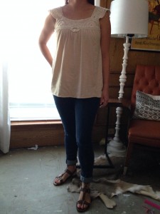 8.7 - Last day of professional development - cuffed jeans, cream top with crochet, brown gladiator sandals