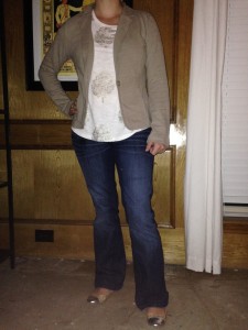 Trouser jeans, white blouse with gold embellishments, khaki blazer, nude flats with sliver capped toes