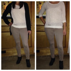 Metallic skinny jeans, ivory blouse with patterns, black booties - with or with out black cardigan