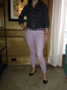 Black and white polka dot blouse, lavender skinny cropped jeans, black skinny belt, and black flats