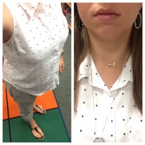 8.24 - first day of school - clothing with elastic waists in must for me post pregnancy - gray heather jogger style pants and black and white polka dot button down
