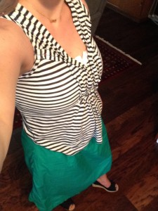 8.26 - green a line skirt, striped sleeveless blouse, and black TOMs wedges which took my feet 2 days to recover from so they also need to be retired