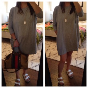 8.29 - a gray tunic, white birkenstocks, and my favorite handbag for shopping on Saturday - I was searching for replacement wedges but I found 4 different pair of shoes instead!