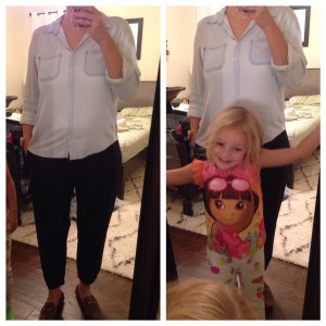 9.15 - navy jogger pants, chambray short, loafers, and Maggie photo bomb