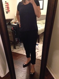 9.17 - houndstooth top, black pants, leather flats