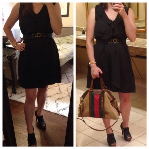 9.19 - silk, black sleeveless dress, leather belt, black  shooties or booties - I don't know which they are called 