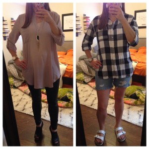 10.11.15 - Left: for Jack's dedication and brunch, blush tunic, black faux leather pants, black platform heels; Right: for a cookout with friends, flannel shirt, cutoffs, birkenstocks