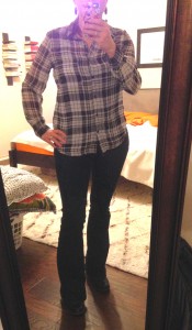 11.4.15 - plaid button down and flared jeans (can't see my shoes)