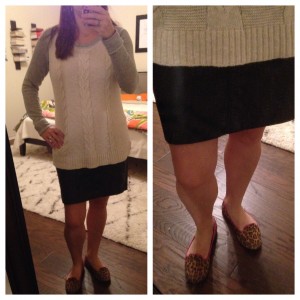 11.12.15 - ivory and gray sweater, faux leather skirt, leopard print flats