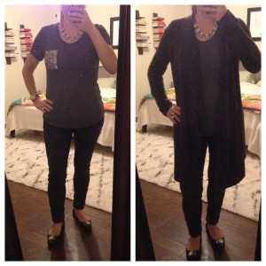 11.13.15 - gray tshirt with sequin pocket, black jeans, black flats and sparkly necklace