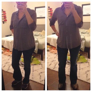 12.16.15 - gray button down tab sleeve blouse, bootcut trouser jeans, snake skin print loafers