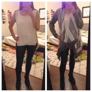 12.17.15 - Holiday Party - mixed media ivory and gray blouse, faux leather leggings, black booties, gray and white cardigan