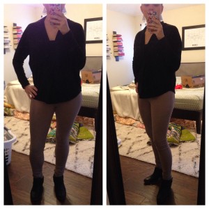 12.19.15 - Holiday Brunch - black v-neck blouse, gray/taupe metallic jeans, black booties