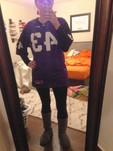 Football jersey, leggings, knit boots (Jersey Day at school)