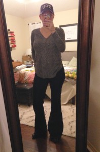 Channeling my best Joanna Gaines - TCU trucker style hat, gray long sleeve tee, flare jeans, black booties