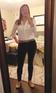 White tab sleeve button down, black velvet skinny pants, taupe/nude belt and flats