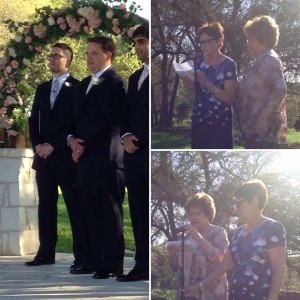 My brother in the glasses officiating the wedding and my cousin waiting for his bride; my aunt and mom did the readings