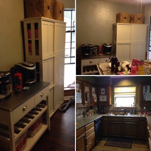 New pantry cabinets, area for coffee, and a rare photo of almost clean counters