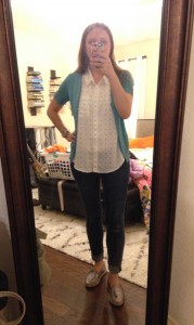 Turquoise cardigan, white button down with black dots, cuffed skinny jeans, silver espadrilles
