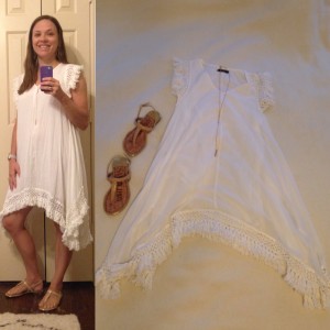 White sleeveless fringe dress, nude sandals