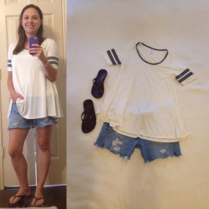 LuLaRoe Perfect Tee - ivory with gray bands, cut offs, brown flip flops