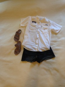 Ready for hot TCU football games, September - white Columbia shirt, cut offs, lavender Tevas