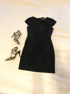 Black cocktail dress, leopard print and gold studded high heels