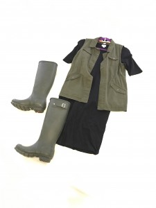 Black LuLaRoe Julia Dress, Olive Vest, Dark Olive Hunter Boots