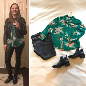 For a gathering with the wives of my husband's co-workers: Cropped faux leather jacket, silk foral button down, faux leather leggings, black booties