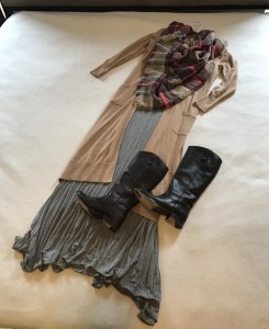 Camel duster cardigan, gray LuLaRoe Ana Dress, Blanket scarf, Brown Knee High Leather boots