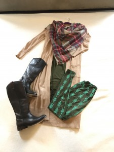 Camel duster cardigan, Olive LuLaRoe Carly dress, LuLaRoe arrow print leggings, Blanket Scarf, Brown Knee High Leather Boots
