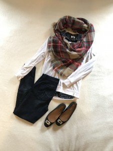 Black with white polka dots button down, White with lace back Krochet Kids sweater, skinny jeans, blanket scarf, black flats