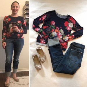 Floral sweater, straight leg cuffed jeans, gold flats